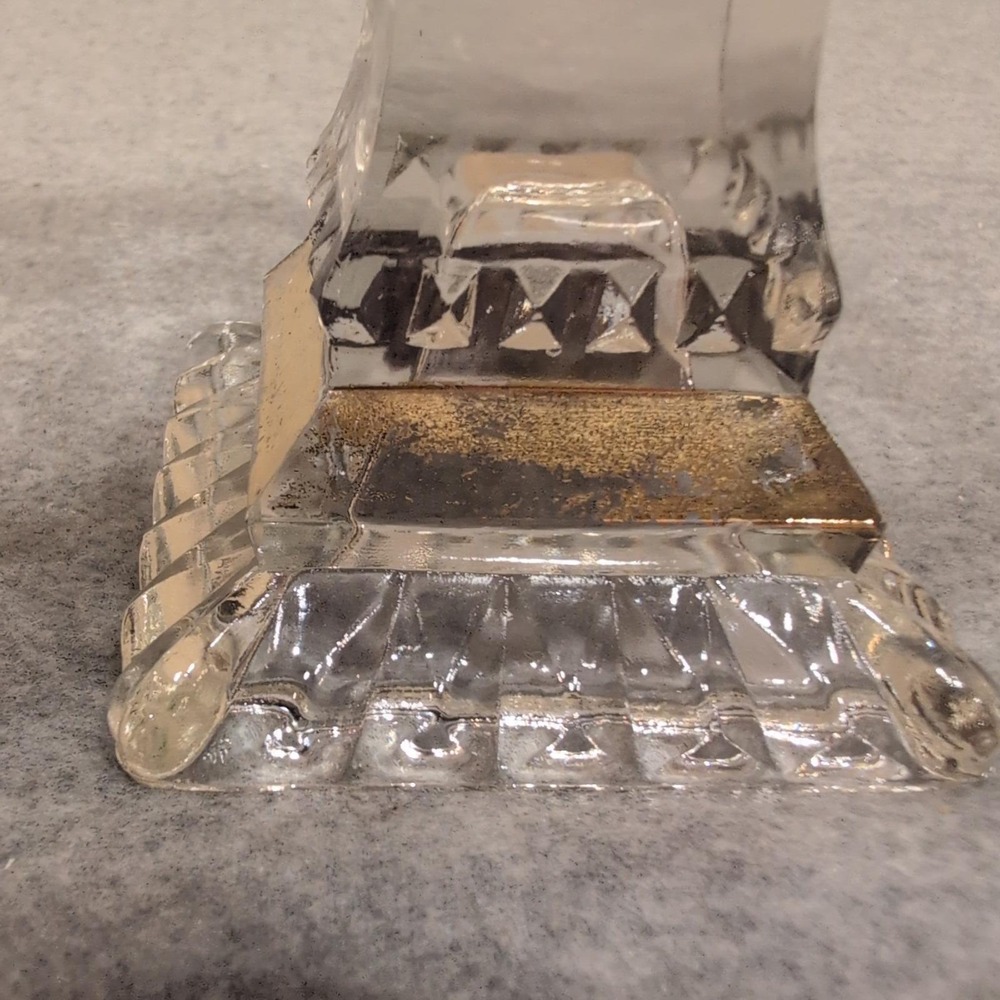 Vintage Clear Pressed Glass Square Pedestal Dish Gold Trim Thumbprint Pattern - Picture 4 of 9